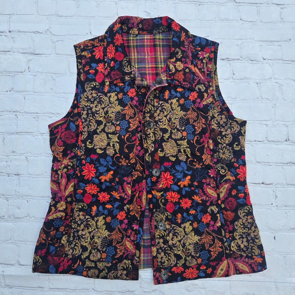 Handmade Reversible Quilted Vest Floral Paisley Plaid Multi-Color Button Front